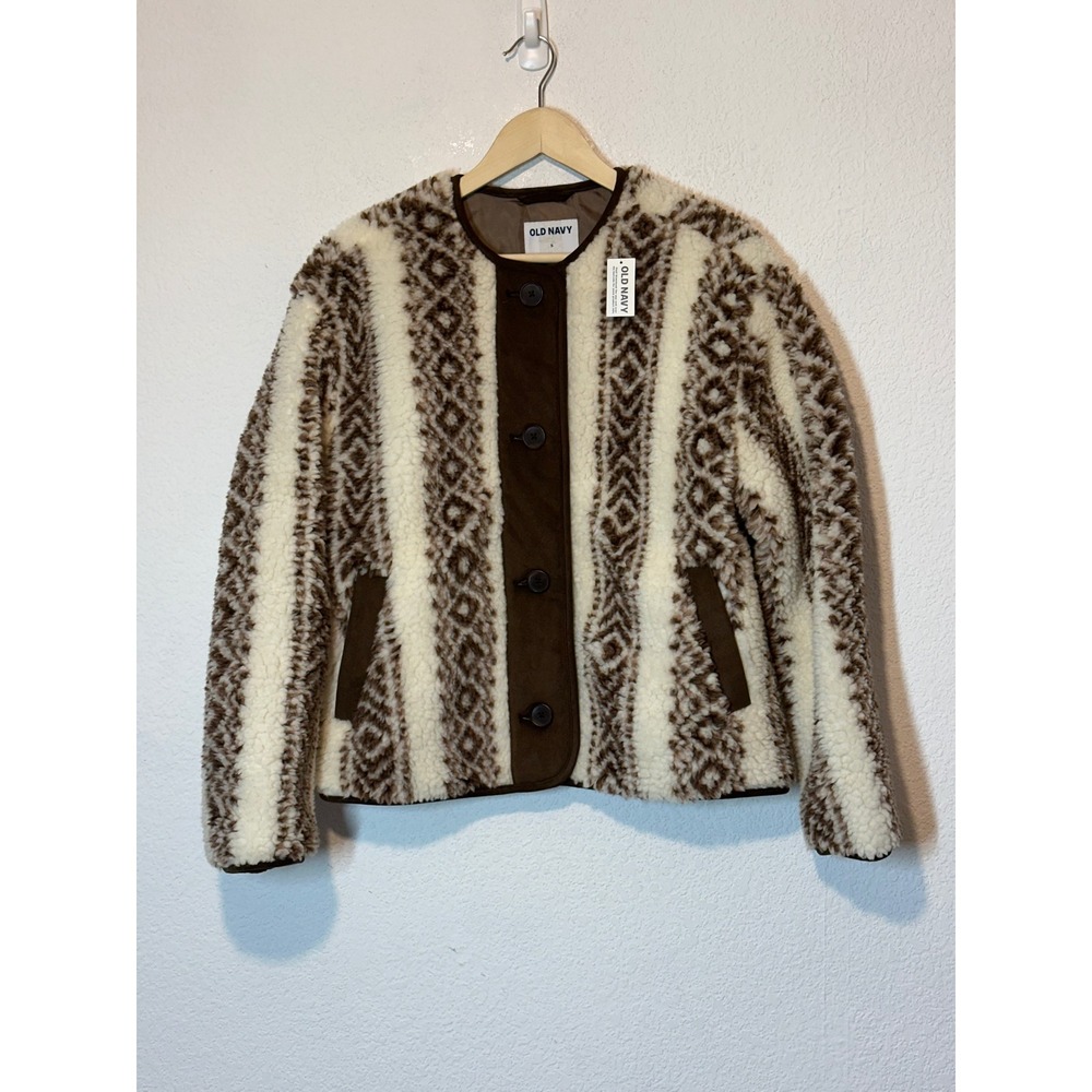 Old Navy Women Brown Cream Geometric Sherpa Fleece Button Jacket S 790100-01-1